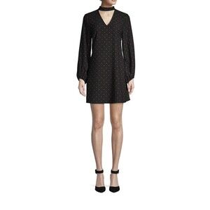 Scoop Blouson Sleeve Keyhole Mini Dress Black Red Dot Print Size M